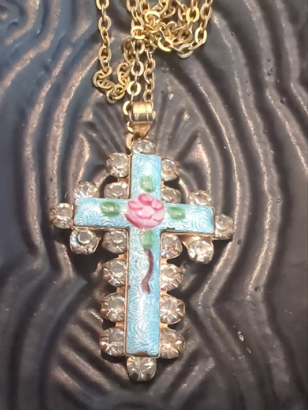 Vintage Guilloche Blue Enamel Rose Gold-Tone Cross Necklace
